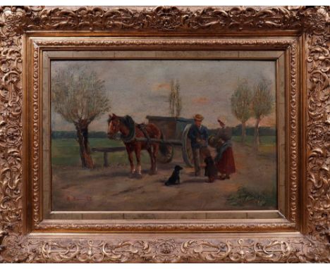Kleine Familie mit Pferdewagen und HundUnbekannter Künstler, Öl auf Leinwand, u.l. unl. sign. "K. ?", 1.H.20.Jhdt., ca. 35x52