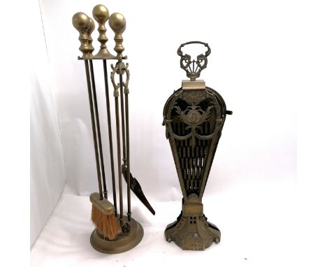 Vintage brass 4 piece companion set (78cm high) t/w continental brass fireguard (a/f) 