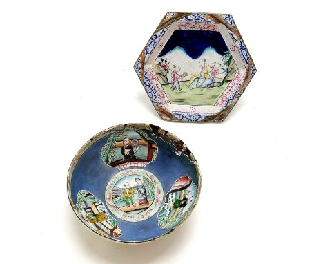 Antique Chinese cantonese enamel bowl (12cm diameter) t/w hexagonal dish ~ both obvious a/f damage to enamel 