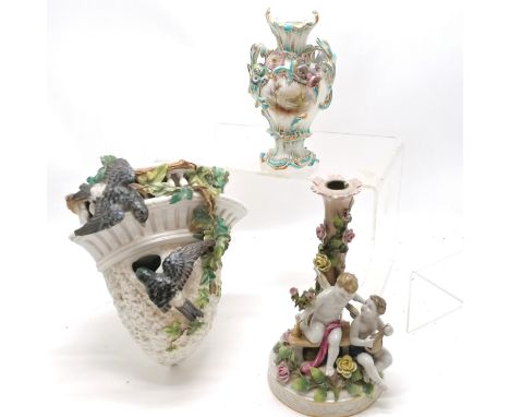 Victorian china corner wall bracket depicting birds - a/f - all wings + decoration t/w figural candlestick #1199 (26cm - miss