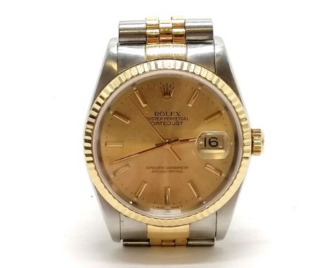 Rolex bi-metal oyster perpetual datejust chronometer model no 16233 with baton markers to champagne dial - has slight deterio