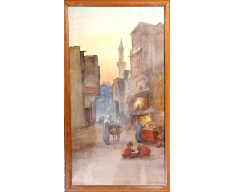 Original watercolour painting of an Egyptian (?) scene - 57cm x 32cm t/w 2 German prints in parquetry frames 