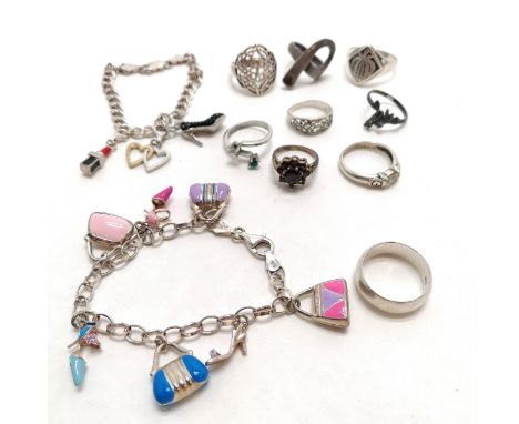 9 x silver rings inc stone set t/w 2 novelty silver bracelets with enamel detail charms inc stillettos, handbag etc - total w
