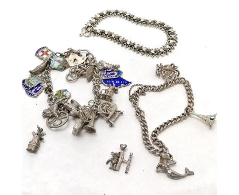 Silver charm bracelet inc enamel charms (inc Isle of Wight) t/w 2 unmarked silver bracelets + 2 loose charms ~ total weight 7