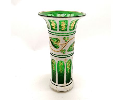 Antique Bohemian green glass vase with white overlaid enamel decoration &amp; gilding detail to panels - 20cm high &amp; has 