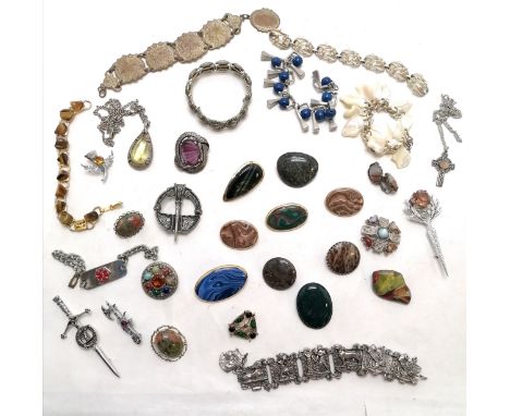 Qty of costume jewellery inc Scottish, serpentine stone, pottery, nails bracelet, Don Quixote / Cervantes bracelet (lacking c