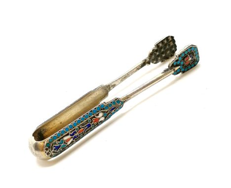 Russian 84 silver (=87.5%) enamel sugar tongs by Gustav Gustavovich Klingert (GK makers mark) - 10cm long &amp; 29g total wei