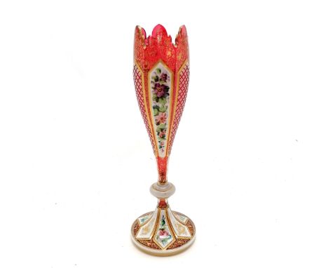 Antique Bohemian cranberry glass tulip shaped vase with enamelled floral panels &amp; quartered cut glass panels with enamel 
