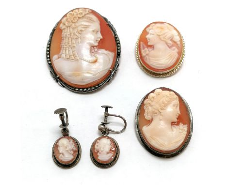 3 x silver mounted hand carved shell cameo portrait brooches (largest 5cm) t/w pair of earrings ~ total weight 28g 