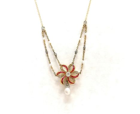Antique 14ct marked gold diamond / ruby / pearl necklace (42cm &amp; total weight 7g) in an antique Goldsmiths &amp; Silversm