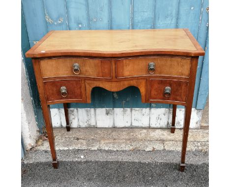 Mahogany serpentine fronted ladies desk 85cm wide x 44cm deep x 78cm high In overall good used condition, some water marks to