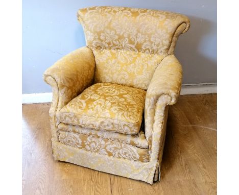 Antique parlour chair with button back detail and feather seat cushion upholstered in gold fabric in overall good used condit