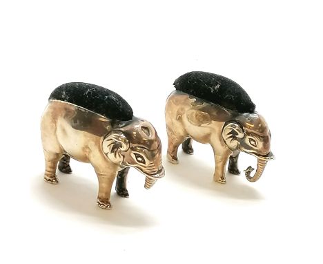 2 x Novelty antique silver elephant pin cushions (largest by H V Pithey &amp; Co ~ 4.5cm long) ~ total weight 56g ~ largest o