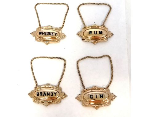 Set of 4 gold plated metal decanter labels with blue enamel decoration - Gin, rum, brandy (slight chip to enamel) &amp; whisk