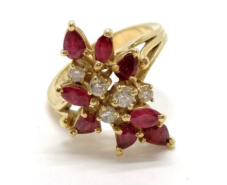 18ct gold (indistinct marked) ruby &amp; diamond cluster ring - size L &amp; 5.4g total weight 