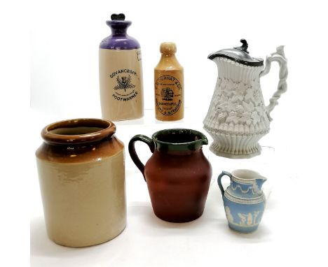 Govancroft footwarmer (with original stopper), Registered mark white relief moulded salt glaze jug / pitcher with pewter lid 