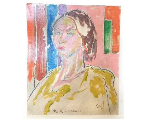 Oil on board portrait of a lady (titled Mary St. John Hutchinson) signed DG - 43cm x 36cm 