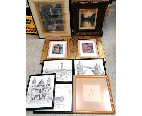 Qty of 9 pictures - oil on canvas painting of church by Nigel Hallard, 1913 print by Dulac (44cm x 36cm), 2 signed prints by 