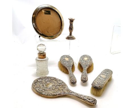 Antique silver backed dressing table set (3 brushes + 1 mirror), circular silver fronted photo frame (18cm diameter - lacks g