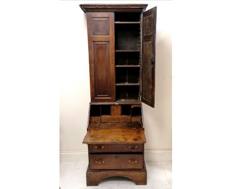 Antique small scale ladies oak bureau bookcase , losses to the pediment and the bureau. 210cm high x 67cm wide x 52cm deep 