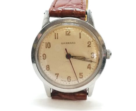 Garrard &amp; Co Ltd stainless steel gents manual wind wristwatch (32mm case) in original fitted box (+ outer box) - has crac