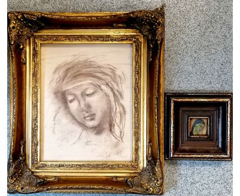 Gilt framed original pastel of a lady signed EV (?) &amp; dated May 05 ~ 36cm x 32cm t/w small framed religious portrait 