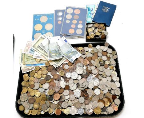Qty of uk / foreign coins inc silver + small qty of banknote (inc 3 x 5 euro notes) 