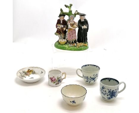 3 x antique Royal Worcester cups (teabowl in good condition other 2 a/f), preacher man &amp; woman figurine (15cm high &amp; 