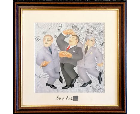 Beryl Cook print of 3 businessmen dancing with authentication hologram - 42cm square