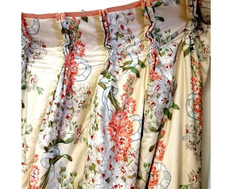 4 x floral &amp; bow fabric  interlined curtains - each curtain 220cm drop x 100cm wide. In good used condition 