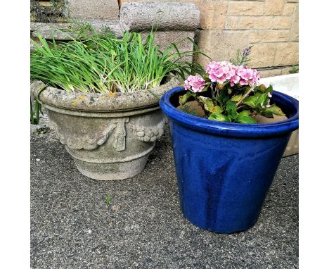 Blue glazed planter 37cm diameter x 35cm high t/w another 