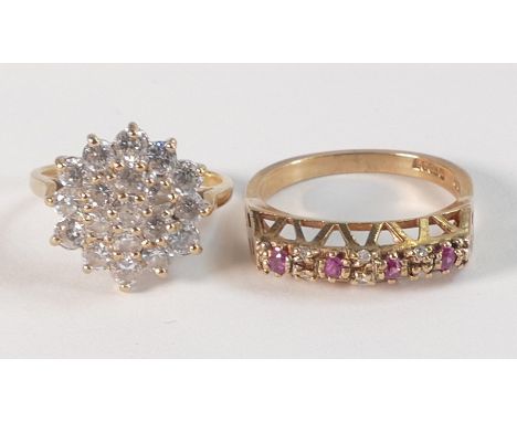 Two 9ct gold rings, one cluster ring, size H,2.5g and the other set with pink stones, size L,2.9g. (2) 