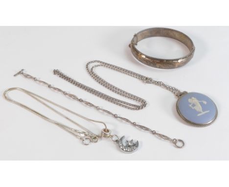 A collection of silver jewellery including Wedgwood brooch and necklace,22.3g, bangle 22.2g, Silver necklace and bracelet. 