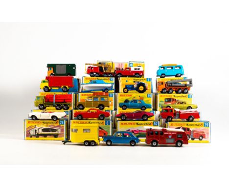 A collection of boxed Matchbox 75 series Superfast vehicles to include 9 Boat &amp; Trailor, 62 Mercury Cougar, 6 Ford Pick U