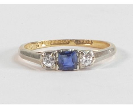 18ct gold &amp; platinum sapphire &amp; diamond ring, size O,2.5g. 