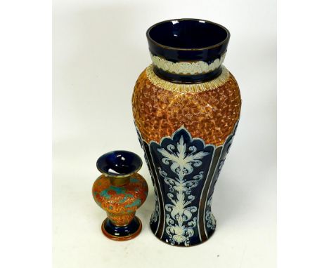 19th C Doulton Lambeth Art Nouveau Style Stoneware Vase together with similar smaller item, tallest 27.5cm(2) 