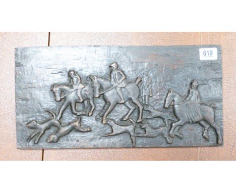 Carved Wooden Panel With Hunting Scene 22cm x 45cm 