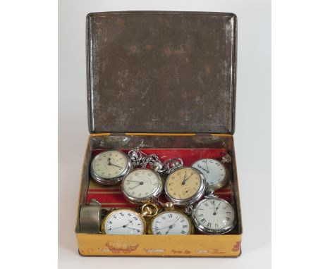 A collection of vintage pocket watches including Ingersoll, Rotary, Railway watch etc in Sharps vintage Blacksmith Tin. (9) 