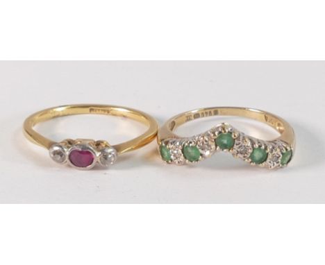 Two 18ct gold rings, one set with 5 emeralds, size J, 2g and the other set with ruby,size L, 1.9g 