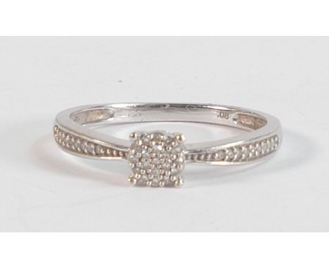 9ct white gold diamond cluster ring, size N,1.8g. 