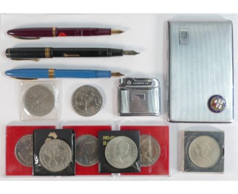 A collection of items including fountain pens by  Conway Stewart and two Sheaffer,commemorative coins, lighter and  cigarette