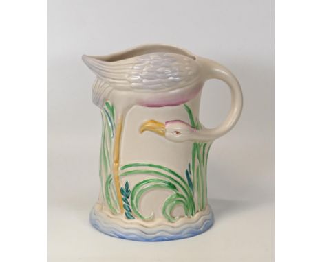 Clarice Cliff Newport Pottery Raised Relief Jug decorated with Flamingo's, height 19cm 