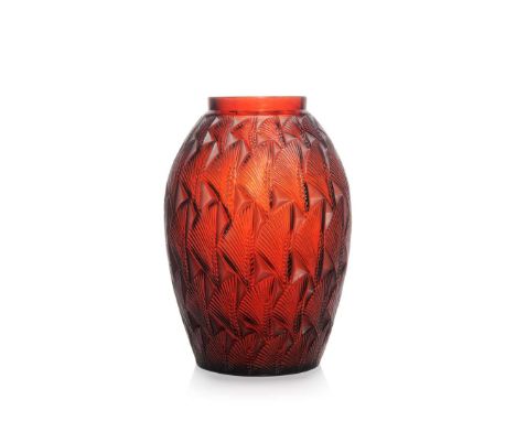  RENÉ LALIQUE (1860-1945) GRIGNON VASE. NO. 1086 designed 1932deep amber, and white stainedstencilled R. LALIQUE FRANCE&nbsp;