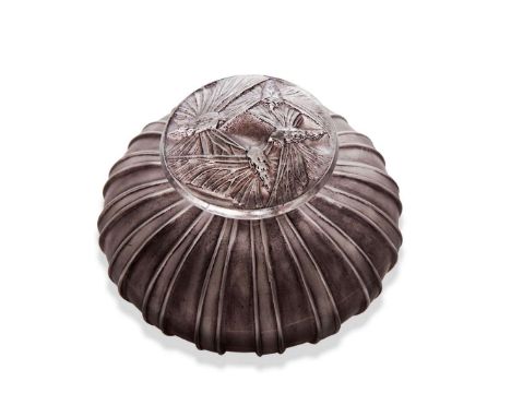  RENÉ LALIQUE (1860-1945) CÔTES BOUCHON PAPILLONS SCENT BOTTLE, NO. 477 designed 1911clear, frosted and grey-brown stainedmou