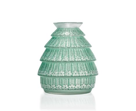  RENÉ LALIQUE (1860-1945) FERRIÈRES VASE, NO. 1019 designed 1929clear, frosted and green stainedengraved R. Lalique France&nb