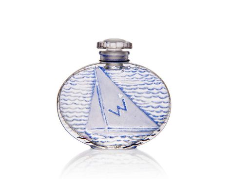  RENÉ LALIQUE (1860-1945) EN CROISIÈRE SCENT BOTTLE, WORTH - 21 designed 1935clear, frosted and blue stained&nbsp;moulded R. 