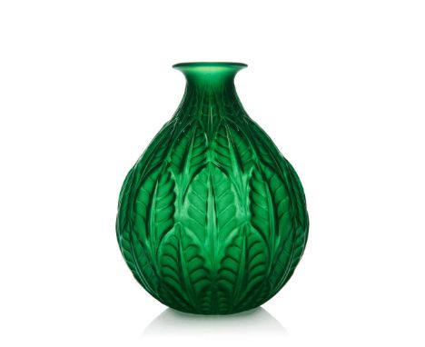  RENÉ LALIQUE (1860-1945) MALESHERBES VASE, NO. 1014 designed 1927cased jade green, and white stainedengraved R. Lalique Fran