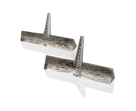  RENÉ LALIQUE (1860-1945) TWO LIBELLULE KNIFE RESTS, NO. 3602 designed 1919clear, frosted and grey stainedengraved R. Lalique