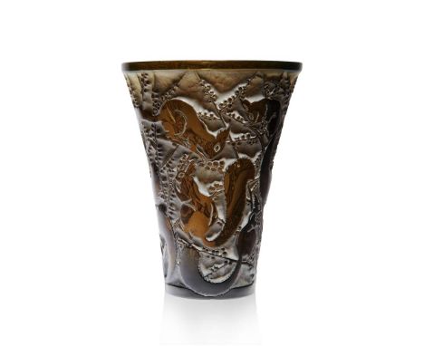  RENÉ LALIQUE (1860-1945) SÉNART VASE, NO. 1098 designed 1934topaz, and white stainedstencilled R. LALIQUE FRANCE 21.3cm (8 3