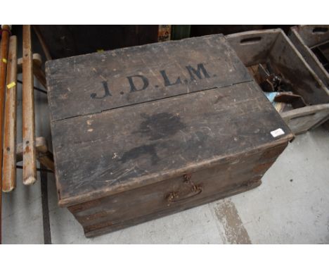 A 19th Century stained tool chest, bearing monogram J D L M, approx. Dimensions (cm) 62L x 48W x 32H, lock rusted up but work